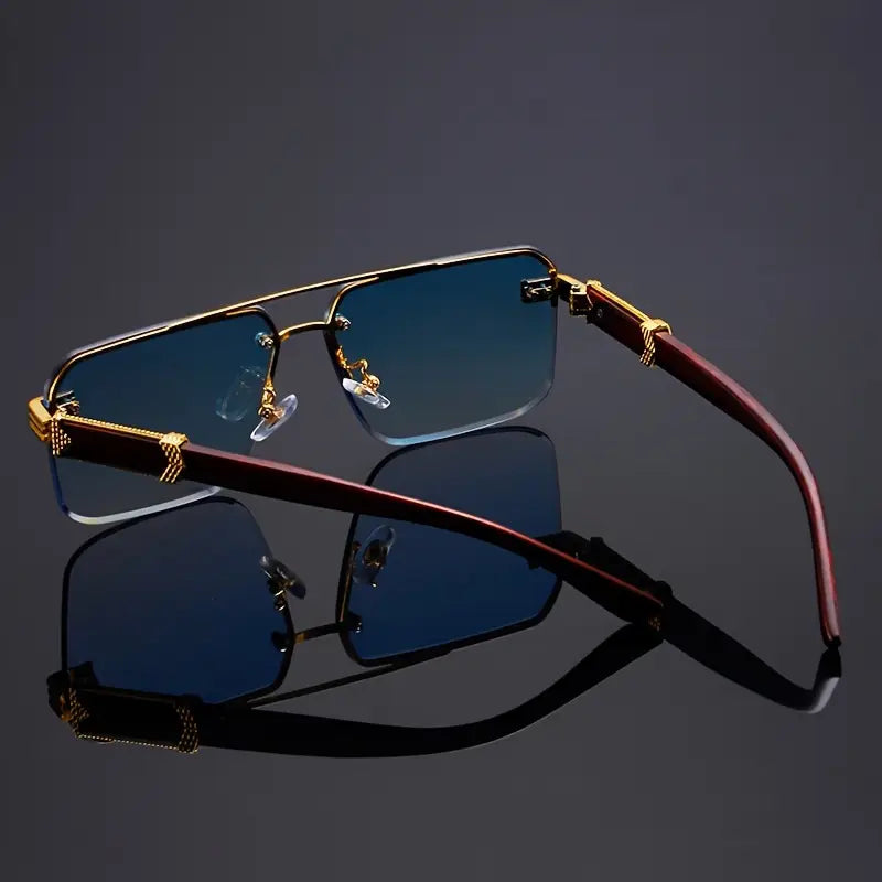 🕶️ 2PCS  Frameless Fashion Glasses – Unisex Classic  Eyewear with Wooden Pattern Temples 🌿✨