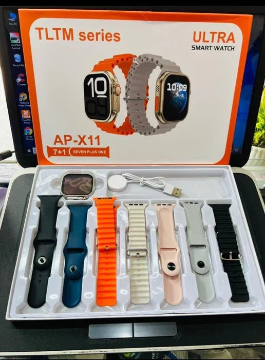 Ultra Smart Watch (7+1 Straps) – Bluetooth Calling, Fitness Tracker, Full Touch Display, Premium Gift Set