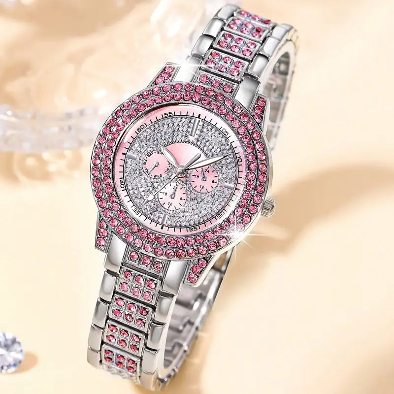 💖✨ 6-Piece Luxury Women's Watch & Jewelry Set – Pink Dial Glam Timepiece with Matching Accessories 🎁🌸