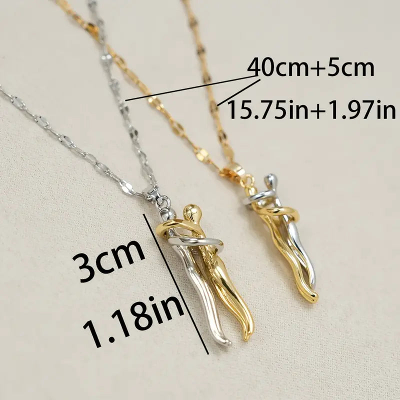 Elegant Couple Hug Heart Pendant Necklace – 18K Gold-Plated Stainless Steel Romantic Jewelry Gift for Women 💖