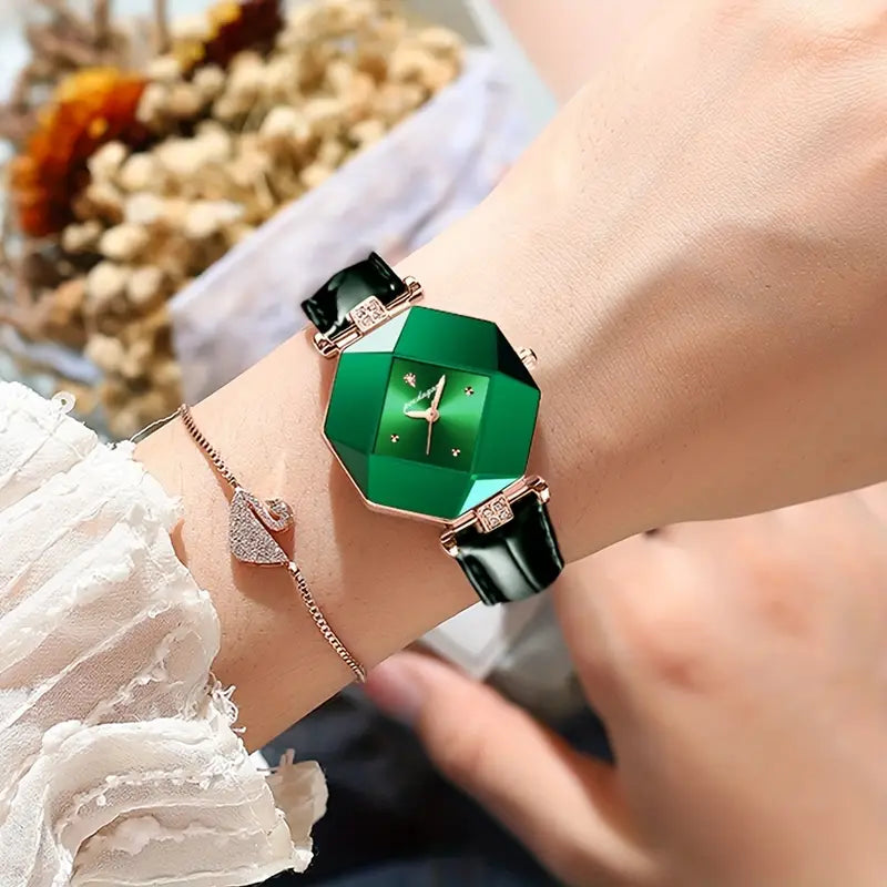 💚✨ Women's Luxury Stainless Steel Square Watch and 🌿🕰️  Faux Leather Strap, Stylish & Durable for Everyday Glam Watch🎓👗💎🌟