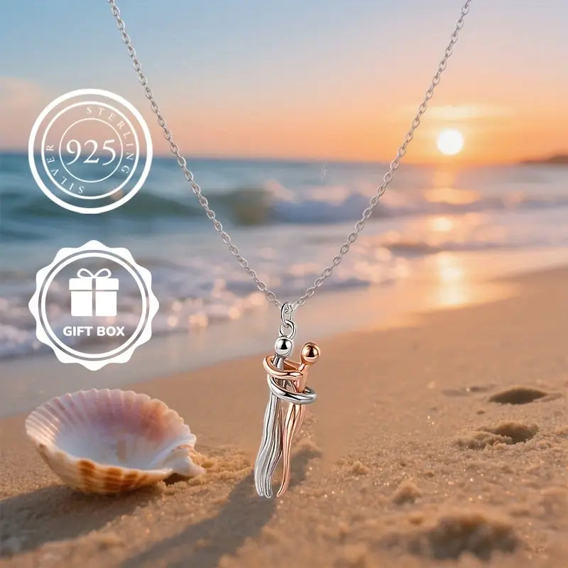 Silvery and Rose Golden Hug Necklace Couples Necklace for Him and Her the Tale of Two Lovers Hugging Necklace Jewelry Pendant Necklace Affectionate Hug Necklace Couple for Women Men