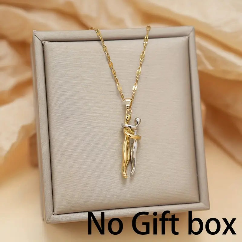 Elegant Couple Hug Heart Pendant Necklace – 18K Gold-Plated Stainless Steel Romantic Jewelry Gift for Women 💖