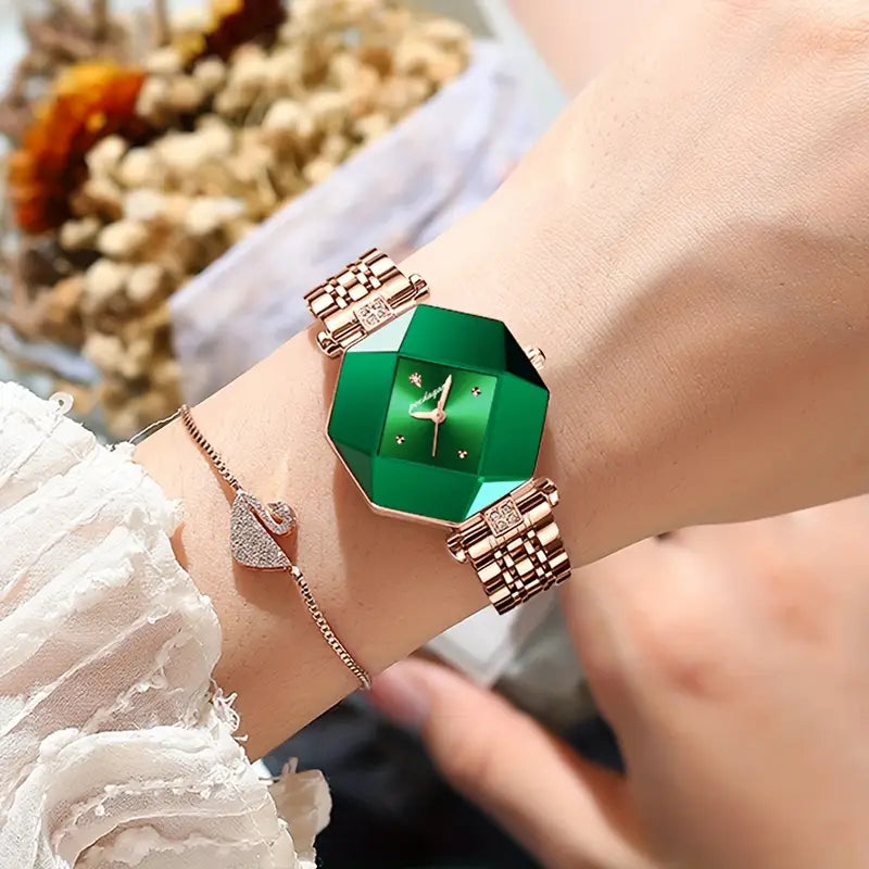 💚✨ Women's Luxury Stainless Steel Square Watch and 🌿🕰️  Faux Leather Strap, Stylish & Durable for Everyday Glam Watch🎓👗💎🌟