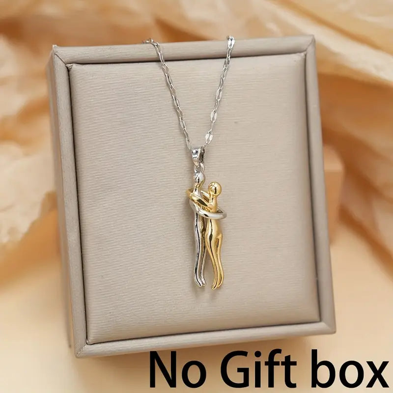 Elegant Couple Hug Heart Pendant Necklace – 18K Gold-Plated Stainless Steel Romantic Jewelry Gift for Women 💖